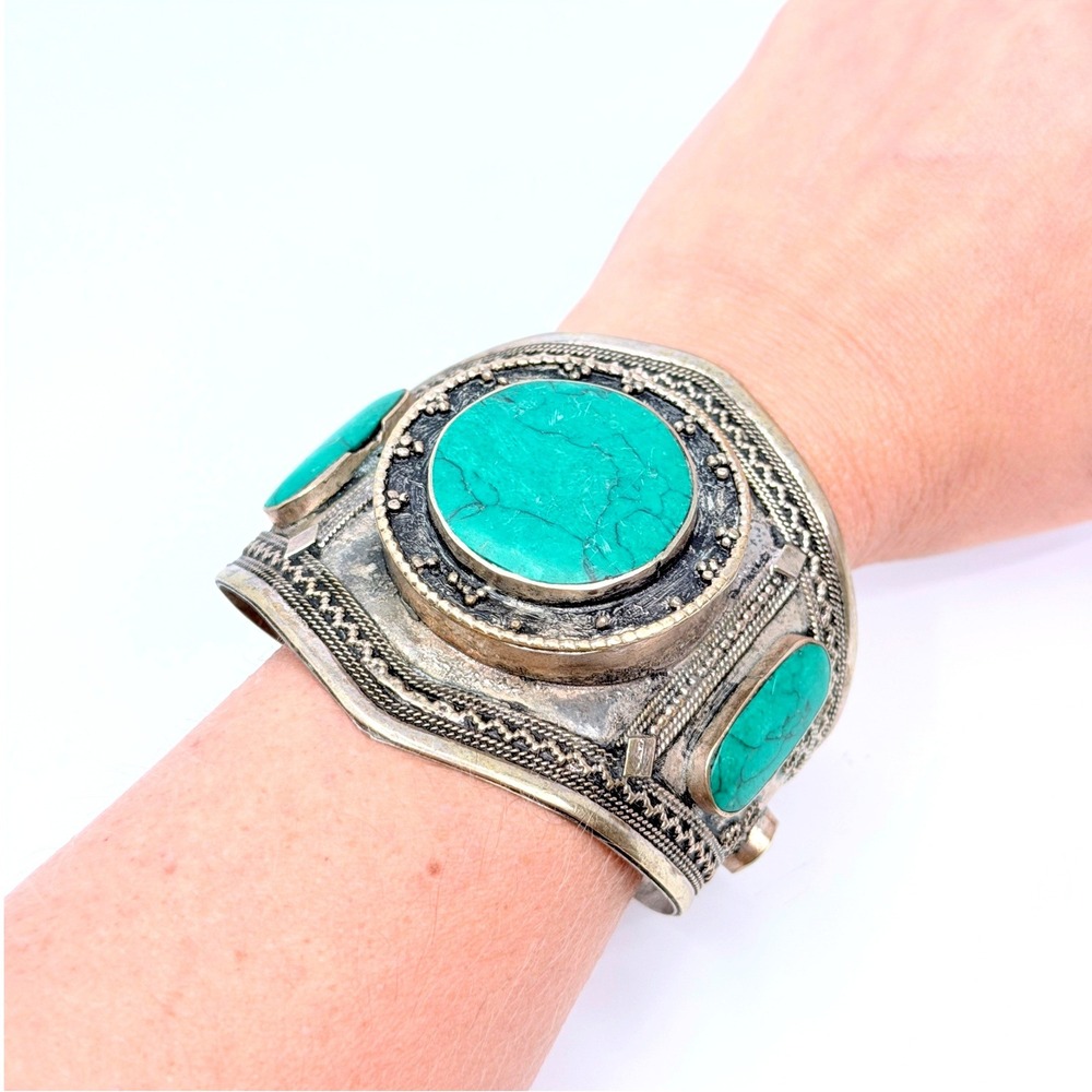 Vintage Kuchi Turquoise Cuff Tribal Hand Carved Silver Plated Brass Bracelet